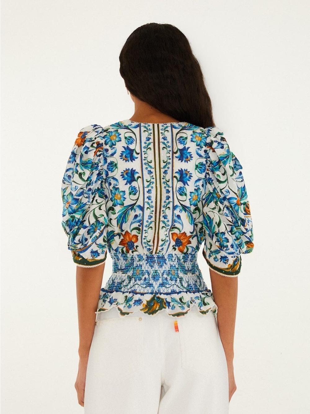 FARM RIO Off-White Flora Tile Smocked Blouse - Picture 3 of 4